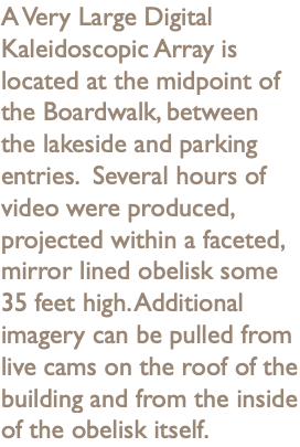 A Very Large Digital Kaleidoscopic Array is located at the midpoint of the Boardwalk, between the lakeside and parking entries. Several hours of video were produced, projected within a faceted, mirror lined obelisk some 35 feet high. Additional imagery can be pulled from live cams on the roof of the building and from the inside of the obelisk itself.